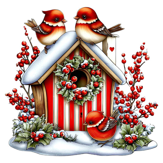 red birdhouse, robin, christmas, winter, holiday, snow, festive, red birds, white roof, holly berries, holly leaves, red berries, seasonal, traditional, rustic, cottage core, farmhouse, nature, birds and berries, snowy, cream white, deep red, evergreen, wreath, heart details, cozy, warm tones, winter wildlife, decorative birdhouse