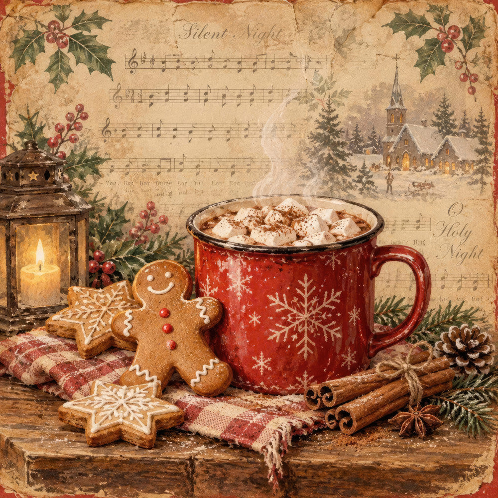 christmas, holiday, vintage, rustic, traditional, warm, cozy, red, cream, brown, tan, gold, gingerbread, hot chocolate, cocoa, festive, nostalgic, winter, snowy, church, lantern, candle, holly, berries, cinnamon sticks, gingerbread man, snowflake, musical notes, silent night, elegant