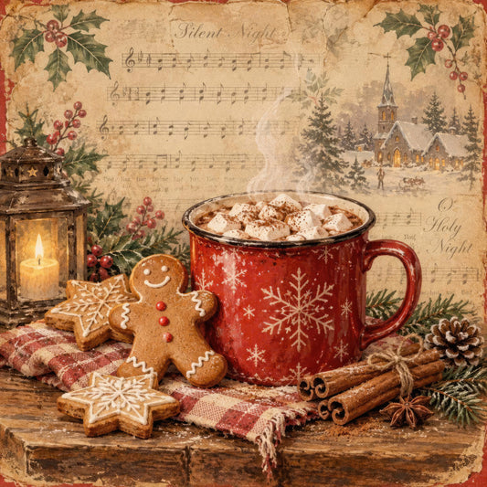 christmas, holiday, vintage, rustic, traditional, warm, cozy, red, cream, brown, tan, gold, gingerbread, hot chocolate, cocoa, festive, nostalgic, winter, snowy, church, lantern, candle, holly, berries, cinnamon sticks, gingerbread man, snowflake, musical notes, silent night, elegant