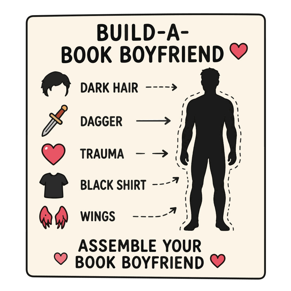 build-a-boyfriend, dark hair, dagger, trauma, black shirt, wings, book lover, bookish, romantic, humorous, instructional, red hearts, black silhouette, cream background, funny quote, reading theme, literary, contemporary, whimsical, novelty print, romance, dark fantasy, character building, step-by-step design, decorative motif, gift for readers, book themed, heart print, off-white background