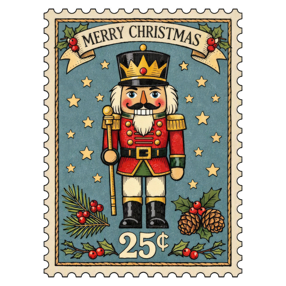 merry christmas, nutcracker, christmas stamp, vintage christmas, holiday, festive, traditional, whimsical, blue, red, gold, cream, stars, holly berries, pine cones, evergreen, soldier, toy soldier, christmas decoration, retro, classic, winter, seasonal, wall hanging, home decor, slate blue, crimson red, metallic gold, nostalgic