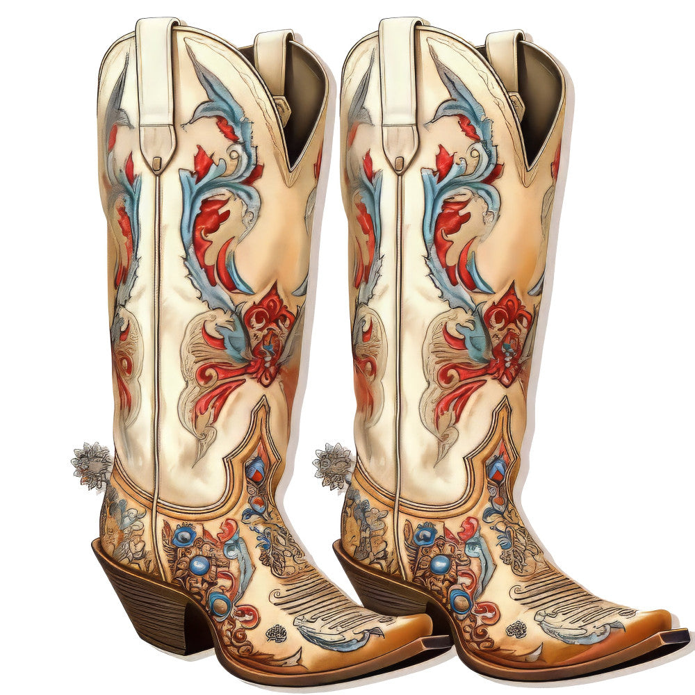 cream, tan, beige, red, rust red, blue, teal blue, gold, brown, western boots, cowboy boots, ornate embroidery, floral, scrollwork, decorative stitching, vintage western, country style, southwestern, rustic, traditional, equestrian, boots motif, ornamental design, classic western wear, folk art, detailed embroidery, boots and flowers, nostalgic, retro western