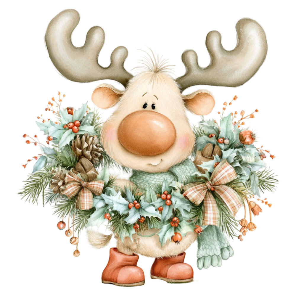 cream moose, woodland animals, christmas, holiday, reindeer, festive, winter, rustic, whimsical, evergreen, pinecones, berries, orange, sage green, cream, brown, plaid bows, gingham, nature, forest, seasonal, decorative, traditional, cozy, rustic charm, dimensional, cottagecore, vintage holiday, nutmeg, warm tones