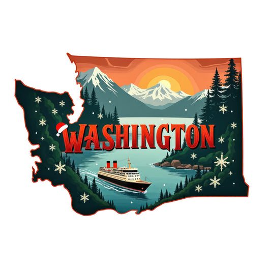 Christmas US States Fabric Panel 4 showing Washington state with snowy mountains, pine trees, ferry, and holiday snowflakes design.