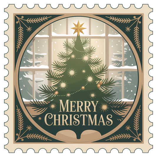 Vintage Christmas Stamps Fabric Panel 29 featuring a decorated Christmas tree with star and snow outside window in vintage stamp design.