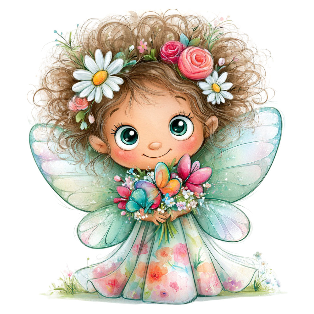 fairy, flower fairy, whimsical, fantasy, magical, nature, floral, spring, pastel colors, soft pink, coral pink, sage green, turquoise, white, cream, curly hair, cute characters, children's fabric, baby quilt, nursery, daisies, roses, butterflies, wings, garden, enchanted, storybook, illustrated, watercolor, delicate