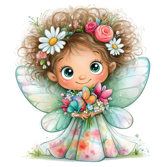 fairy, flower fairy, whimsical, fantasy, magical, nature, floral, spring, pastel colors, soft pink, coral pink, sage green, turquoise, white, cream, curly hair, cute characters, children's fabric, baby quilt, nursery, daisies, roses, butterflies, wings, garden, enchanted, storybook, illustrated, watercolor, delicate