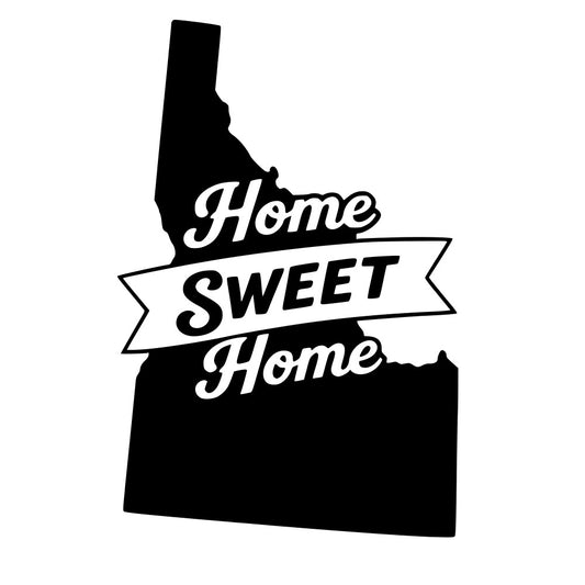 home sweet home, idaho, state silhouette, black and white, monochrome, vintage, retro, banner design, typography, text, rustic, farmhouse, americana, patriotic, home decor, wall hanging, sign design, inspirational quote, classic style, traditional, nostalgic, cottage core, geographic, state pride, home themed, decorative, timeless