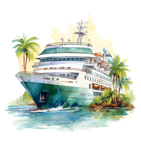 cruise ship, tropical paradise, palm trees, watercolor style, ocean scene, turquoise water, white ship, green foliage, maritime theme, vacation vibes, fabric panel, quilting cotton, nautical design, island setting, sunny atmosphere, travel theme, caribbean colors, coastal scene, cruise vacation, tropical getaway