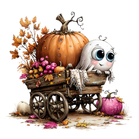 autumn, fall, pumpkin, ghost, whimsical, cute, spooky, halloween, orange, cream, white, pink, magenta, burgundy, floral, dried flowers, harvest, seasonal, rustic, vintage, wagon, cart, nature, woodland, cottage core, children's, playful, festive, decorative, fabric panel