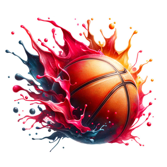 basketball, watercolor style, splash effect, orange, red, pink, yellow, navy blue, sports theme, paint splashes, liquid splashes, vibrant colors, athletic, fabric panel, quilting cotton, modern art, dynamic movement, gradient colors, droplets, energetic
