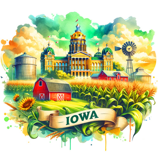US States Retro Travel Fabric Panel 31 featuring Iowa’s Capitol, farmland, barn, windmill, and sunflowers in vibrant quilting cotton print.