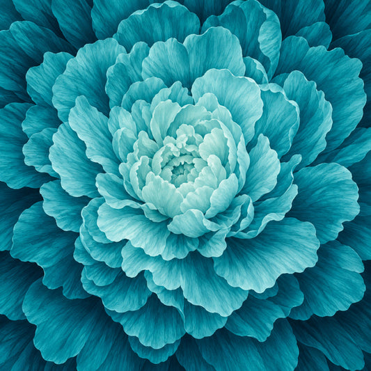 teal, turquoise, aqua, cyan, light blue, mint, seafoam, ombre, gradient, floral, peony, flower, bloom, layered petals, botanical, nature, elegant, modern, romantic, spring, summer, close-up, macro, monochromatic, textured, dimensional, wall art, home decor, artistic print