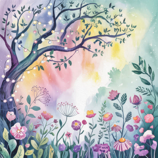 watercolor style, whimsical tree, fairy lights, purple branches, rainbow sky, wildflowers, botanical illustration, dreamy atmosphere, pastel colors, floral meadow, enchanted forest, nature scene, soft pastels, magical garden, cotton panel, quilting fabric, spring flowers, delicate blooms, artistic rendering, children's fabric
