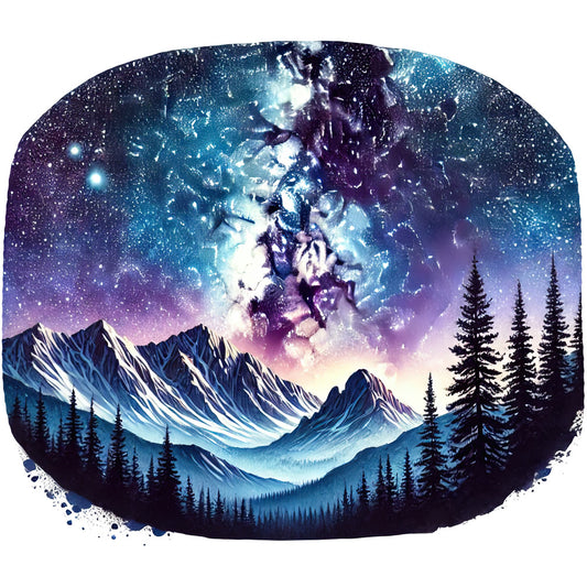 navy blue, purple, teal, cosmic sky, mountain landscape, snow-capped peaks, evergreen trees, starry night, nebula clouds, winter scene, fabric panel, quilting cotton, oval border, mystical atmosphere, celestial design, forest silhouette, alpine vista, galaxy swirls, outdoor adventure, nature scene