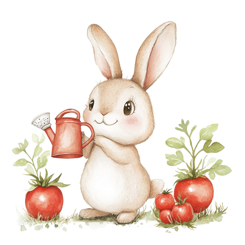 cute bunny, rabbit, watering can, red tomatoes, garden theme, gardening, vegetables, spring, easter, whimsical, sweet, charming, children's, nursery, baby, woodland animals, nature, farmhouse, pastoral, cream, beige, red, coral red, soft green, sage green, animal prints, illustrated, watercolor style, cottage core, storybook