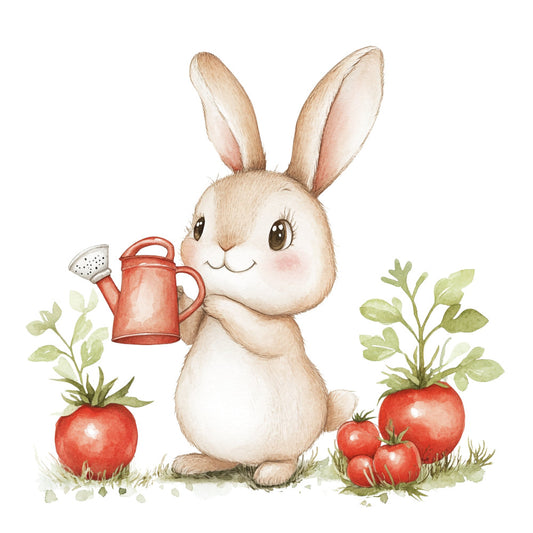 cute bunny, rabbit, watering can, red tomatoes, garden theme, gardening, vegetables, spring, easter, whimsical, sweet, charming, children's, nursery, baby, woodland animals, nature, farmhouse, pastoral, cream, beige, red, coral red, soft green, sage green, animal prints, illustrated, watercolor style, cottage core, storybook