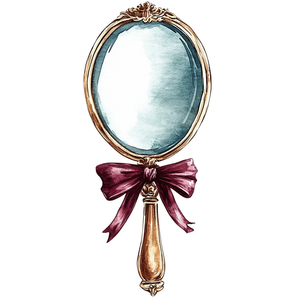antique mirror, ornate frame, burgundy ribbon, vintage handheld mirror, gold metallic, deep red bow, baroque details, decorative flourishes, gothic romance, victorian style, fabric panel, quilting cotton, moody atmosphere, elegant accessories, rich colors, feminine motifs, dark romantic, watercolor illustration, ornamental design, luxurious textures