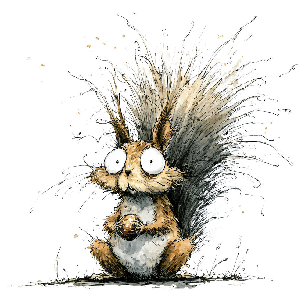 whimsical, squirrel, animal, nature, woodland, comic, humorous, funny, illustrated, ink drawing, watercolor, tan, brown, black, cream, charcoal gray, spiky hair, expressive eyes, children's, playful, quirky, contemporary, decorative, character design, forest creature, nursery, storybook, hand-drawn