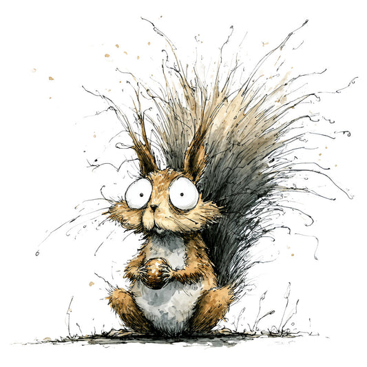 whimsical, squirrel, animal, nature, woodland, comic, humorous, funny, illustrated, ink drawing, watercolor, tan, brown, black, cream, charcoal gray, spiky hair, expressive eyes, children's, playful, quirky, contemporary, decorative, character design, forest creature, nursery, storybook, hand-drawn