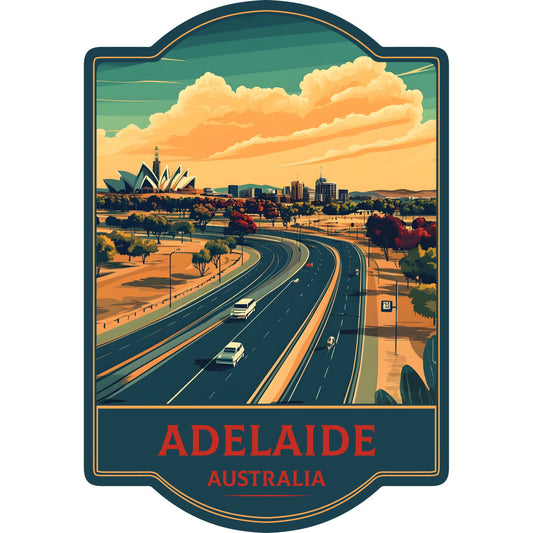 adelaide, australia, vintage travel, retro poster, art deco, golden yellow, teal blue, navy blue, burnt orange, cream, landscape, cityscape, highway, road, sydney opera house, architectural, travel theme, wanderlust, mid-century modern, nostalgic, warm tones, scenic, destination, tourism, decorative panel, wall hanging, home decor, retro style, classic design