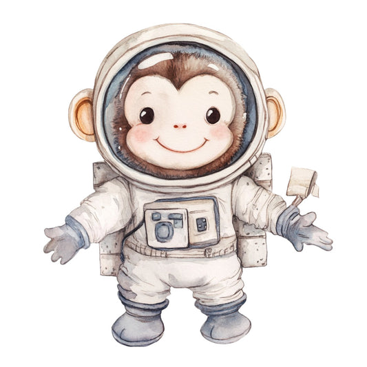 astronaut monkey, space monkey, cute animals, whimsical, kawaii, children's, baby, nursery, cream, beige, tan, brown, gray, blue-gray, charcoal, playful, adventurous, celestial theme, outer space, animal characters, charming illustration, storybook style, soft colors, pastel tones, gender neutral, space adventure, animal astronaut, juvenile, cute characters, kids design