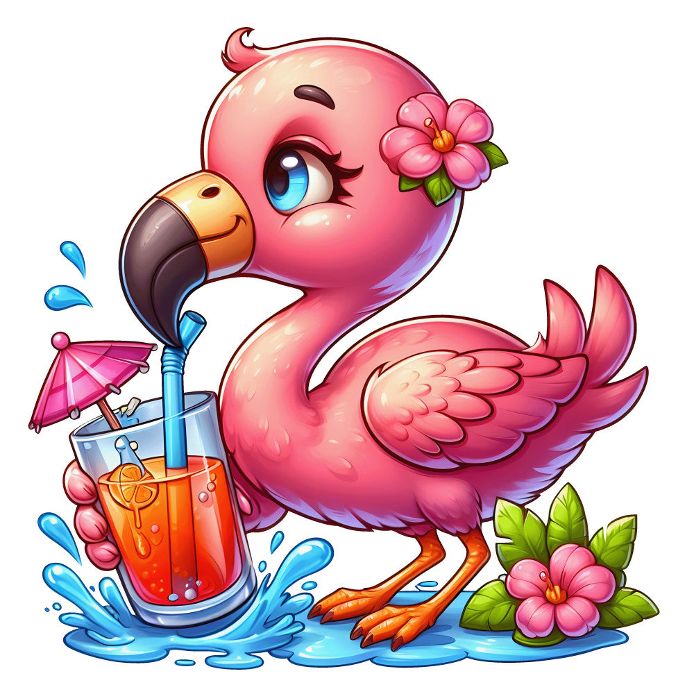 pink flamingo, baby animal, tropical bird, cartoon style, cute character, bright pink, coral pink, orange beak, blue eyes, tropical flowers, hibiscus blooms, cocktail drink, summer theme, whimsical design, fabric panel, quilting cotton, nursery fabric, kawaii style, water splash, tropical paradise