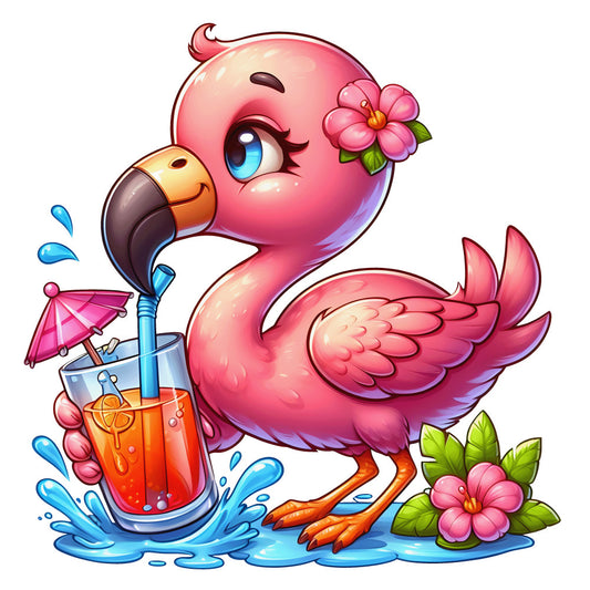 pink flamingo, baby animal, tropical bird, cartoon style, cute character, bright pink, coral pink, orange beak, blue eyes, tropical flowers, hibiscus blooms, cocktail drink, summer theme, whimsical design, fabric panel, quilting cotton, nursery fabric, kawaii style, water splash, tropical paradise