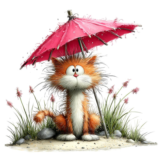 orange tabby cat, pink umbrella, whimsical animals, cute cat, coral pink, burnt orange, cream white, sage green, raindrop pattern, flowers, nature theme, spring, children's fabric, baby quilt, character panel, playful style, woodland creatures, decorative motifs, rain theme, garden flowers, illustration style, folk art, charming design, animal lovers, nursery decor, cottage core, storybook illustration, kawaii style, weather theme