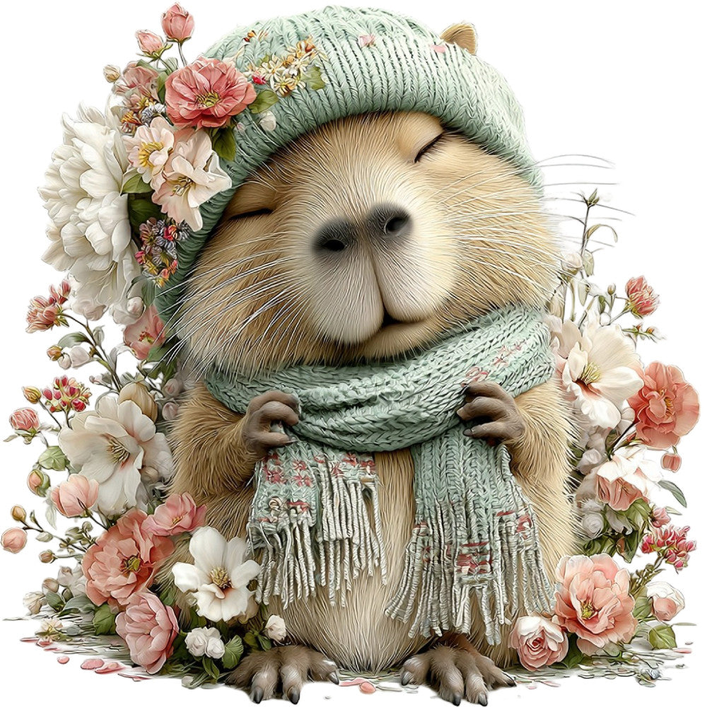 cute animal, capybara, rodent, woodland creature, sage green, cream, ivory, soft pink, dusty rose, coral pink, white flowers, peony, daisy, rose, floral, nature, whimsical, sweet, gentle, cozy, spring, summer, soft aesthetic, romantic, cottage core, vintage botanical, knitted sweater, scarf detail, snuggle theme, comfort