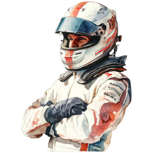 watercolor, formula racing, race car driver, helmet, white racing suit, red accents, blue visor, crossed arms, motorsport, automotive, fabric panel, quilting cotton, sports theme, racing gear, professional driver, painted style, artistic rendering, male figure, competitive racing, speed racing