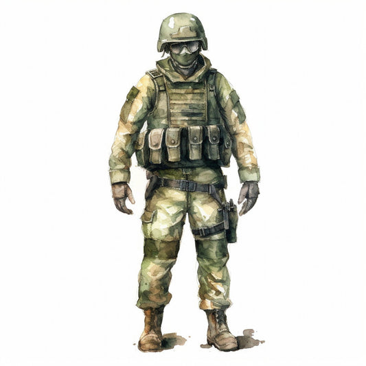 military, camouflage, camo pattern, soldier, uniform, tactical gear, desert camo, tan, olive green, khaki, cream, brown, sage green, combat, armed forces, patriotic, action figure, realistic illustration, men's themed, adventure, outdoor, rugged, masculine, military appreciation, veteran, service member, watercolor style, detailed print