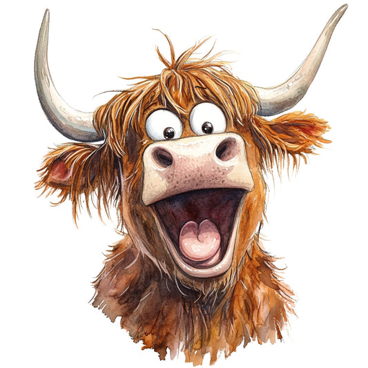 highland cattle, brown, cream, tan, rust, animal portrait, cartoon, whimsical, humorous, funny, farmhouse, rustic, farm animals, livestock, character design, children's, playful, expressive, face print, novelty, folk art, country, cattle breed, Scottish highland, domestic animals, child-friendly, illustrated, comic style