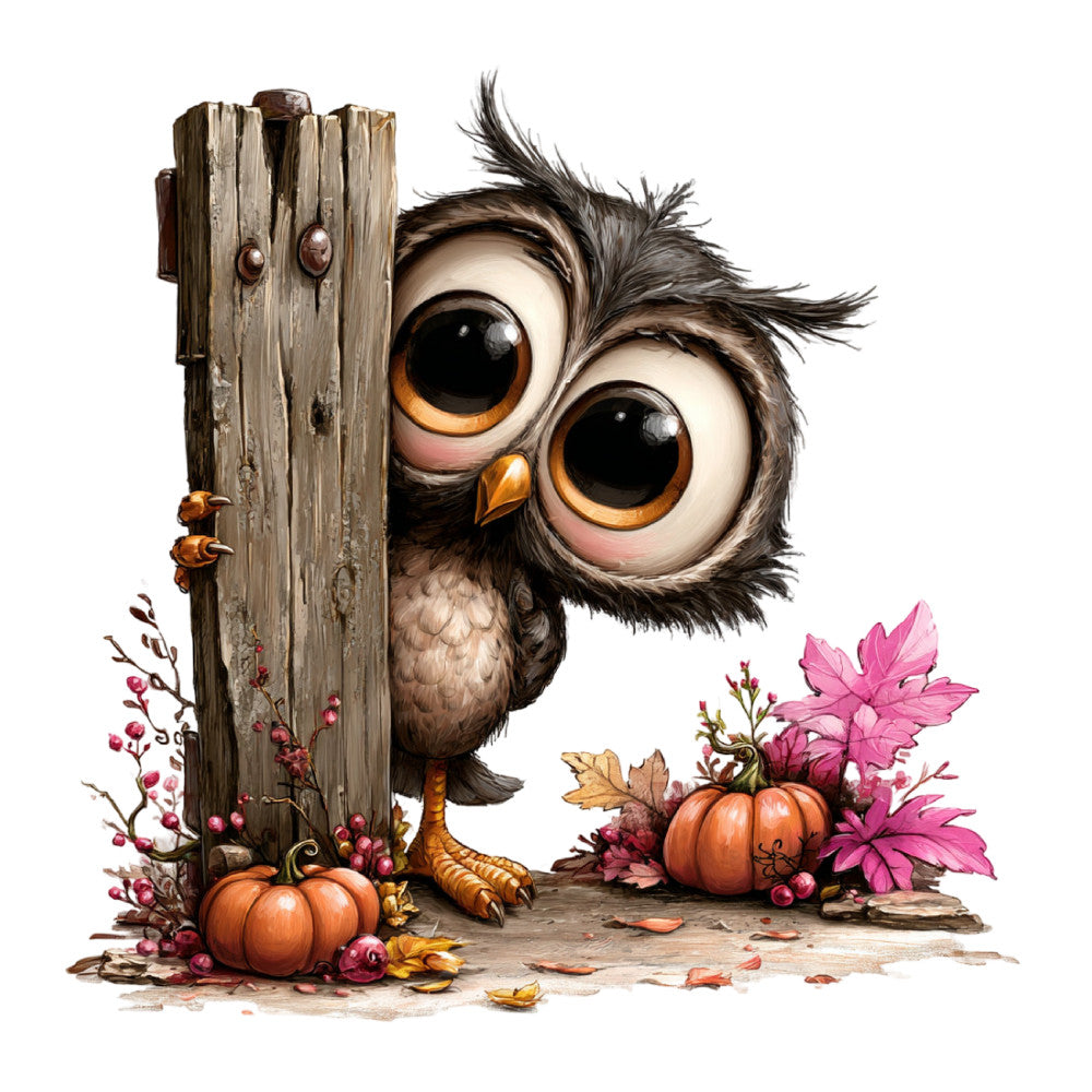 owl, autumn, fall, harvest, pumpkin, orange, pink, brown, cream, beige, whimsical, rustic, farmhouse, woodland, nature, animal, bird, floral, flowers, leaves, seasonal, thanksgiving, cottage core, folk art, vintage, decorative, children's, playful, cheerful, wall hanging