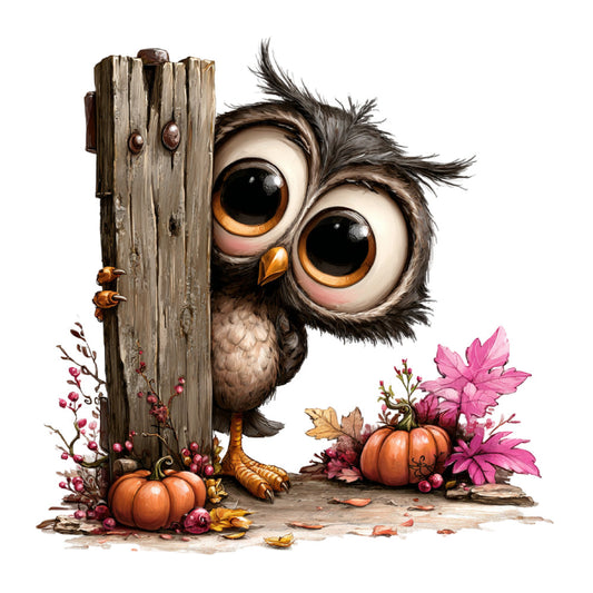 owl, autumn, fall, harvest, pumpkin, orange, pink, brown, cream, beige, whimsical, rustic, farmhouse, woodland, nature, animal, bird, floral, flowers, leaves, seasonal, thanksgiving, cottage core, folk art, vintage, decorative, children's, playful, cheerful, wall hanging
