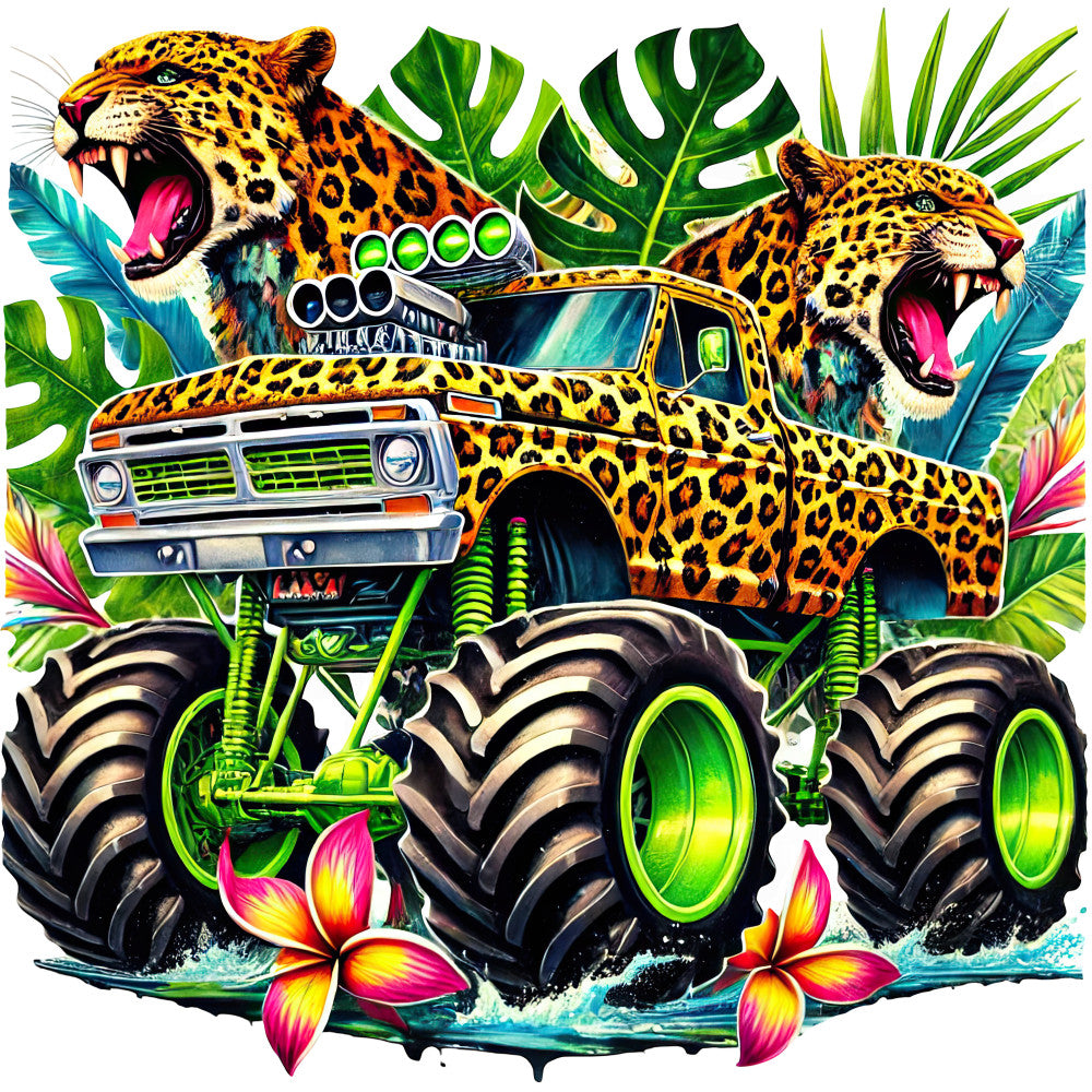 monster truck, leopard print, jungle animals, tropical plants, monstera leaves, neon green, bright yellow, coral pink, hot pink, turquoise blue, bold colors, vibrant, whimsical, playful, fun, wildlife, nature, big cat, spotted pattern, animal print, exotic, colorful, modern, contemporary, statement print, children's, novelty, sports, vehicles, tropical flowers
