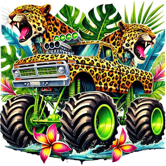 monster truck, leopard print, jungle animals, tropical plants, monstera leaves, neon green, bright yellow, coral pink, hot pink, turquoise blue, bold colors, vibrant, whimsical, playful, fun, wildlife, nature, big cat, spotted pattern, animal print, exotic, colorful, modern, contemporary, statement print, children's, novelty, sports, vehicles, tropical flowers