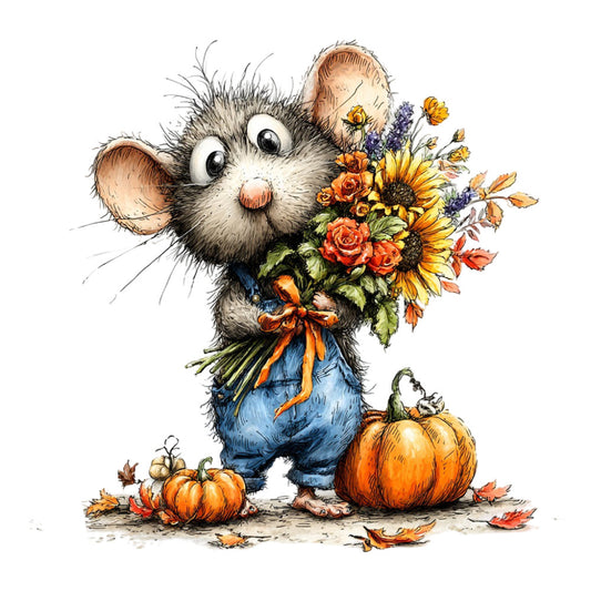 mouse, cute animals, woodland creatures, autumn, fall, harvest, pumpkins, sunflowers, roses, orange flowers, wildflowers, floral bouquet, lavender, whimsical, children's, baby, storybook, character panel, farm animals, rustic, charming, illustration, watercolor style, blue overalls, seasonal, thanksgiving, folk art, sweet, adorable, nature themed