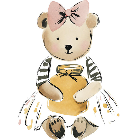teddy bear, cute animals, baby, nursery, honey jar, striped sleeves, pink bow, blush pink, cream, gold, black, whimsical, sweet, children's, girl, feminine, animal motif, woodland, nature-inspired, modern illustration, contemporary, playful, decorative, apparel, baby quilt, wall hanging, children's clothing, softly colored, pastels, charming