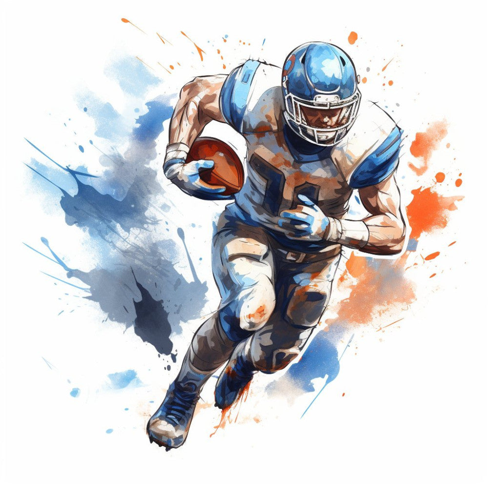 football, sports, athlete, watercolor, blue, orange, brown, tan, abstract, splatter, dynamic, action, modern, contemporary, masculine, team spirit, athletic wear, game day, touchdown, running back, receiver, sports fan, youth, energy, motion, brushstroke, artistic, casual, recreational, competitive