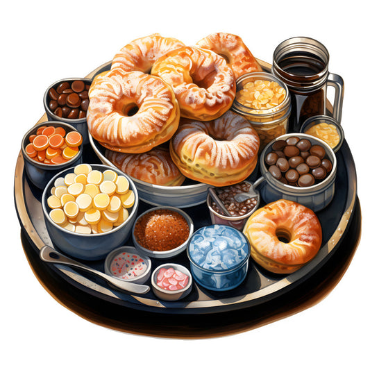 donut, pastry, bakery, food, breakfast, sweet treats, coffee, chocolate, sprinkles, orange, cream, tan, beige, navy blue, brown, whimsical, playful, kitchen, culinary, dessert, candy, teal, cream colored, illustrated, novelty, foodie, café, cozy, comfort food