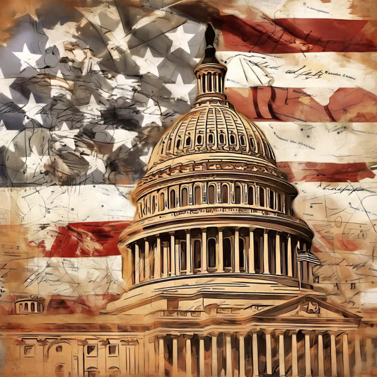 american flag, patriotic, capitol building, government, political, vintage, americana, red white and blue, beige, cream, tan, brown, gold, architectural, historical, documents, sketched, line drawing, elegant, traditional, democratic, independence, liberty, monuments, washington dc, classic americana, heritage, civic pride, formal, dignified