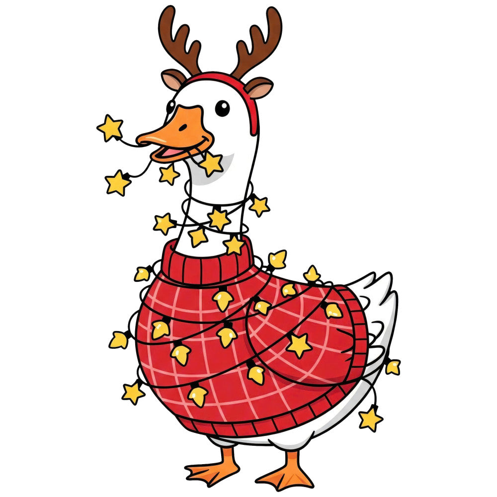 red plaid, gold stars, reindeer, christmas, holiday, festive, whimsical, plaid pattern, checkered, red and white, orange beak, brown antlers, cheerful, seasonal, winter, sweater pattern, knit texture, folk art, traditional, cute animals, children's, playful, tartan, december, joy, merry, decorative, cheerful reindeer