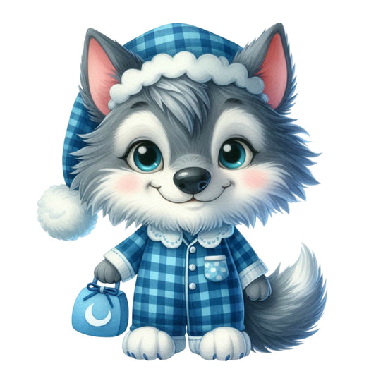 cute cat, anthropomorphic animal, blue plaid, gingham pattern, checkered fabric, pajama cat, sleeping cat, nighttime theme, whimsical character, children's design, baby fabric, nursery decor, flannel pattern, cozy aesthetic, winter clothing, bedtime story, moon motif, night cap, fluffy fur, gray and white, powder blue, turquoise eyes, sweet expression, character panel, playful design, animal character, cartoon style, soft colors, child-friendly, storybook illustration