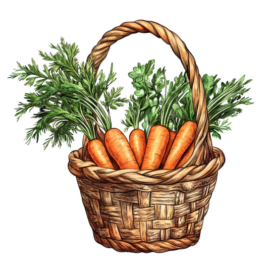 carrots, orange, rust orange, green, cream, woven basket, vegetable, produce, garden, farmhouse, rustic, country, harvest, autumn, fall, spring, summer, kitchen, table runner, home decor, traditional, vintage, natural, earthy, botanical, food theme, cottage style, folk art, illustrated, whimsical