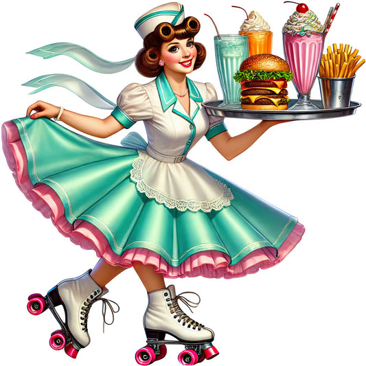 retro, vintage, 1950s, waitress, roller skates, turquoise, mint green, pink, cream, white, diner, fast food, hamburger, milkshake, ice cream, cherries, french fries, soda, whimsical, playful, novelty, pin-up, mid-century, nostalgic, kitsch, food theme, americana, fun, colorful, character panel