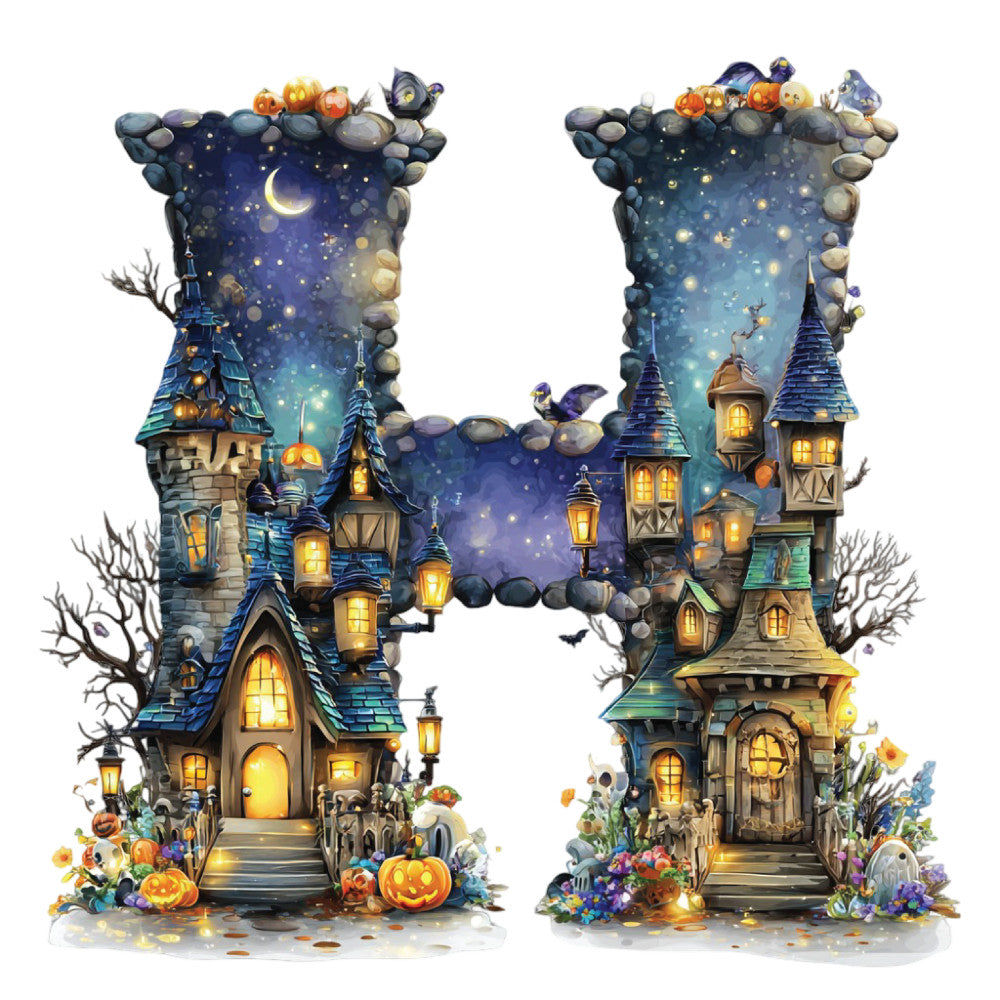 haunted house, spooky, halloween, autumn, fall, navy blue, purple, teal, gold, orange, pumpkins, jack-o-lanterns, ghosts, witches, celestial, moon, stars, magical, whimsical, fantasy, gothic, enchanted, glowing windows, towers, castles, seasonal, trick-or-treat, creepy cute, nocturnal, starry night