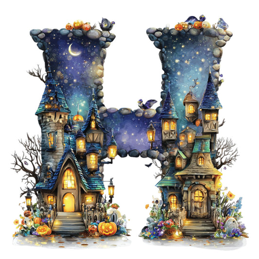 haunted house, spooky, halloween, autumn, fall, navy blue, purple, teal, gold, orange, pumpkins, jack-o-lanterns, ghosts, witches, celestial, moon, stars, magical, whimsical, fantasy, gothic, enchanted, glowing windows, towers, castles, seasonal, trick-or-treat, creepy cute, nocturnal, starry night