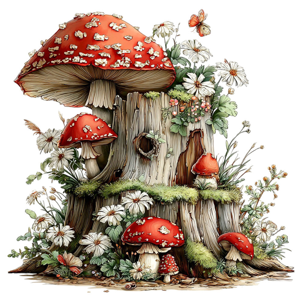 mushroom, toadstool, red and white, woodland, forest, nature, daisies, wildflowers, butterflies, whimsical, storybook, fairy tale, cottage core, rustic, vintage botanical, flowers, insects, pastoral, enchanted forest, garden, spring, summer, cream, natural wood tones, orange-red, illustration style, detailed, children's, decorative, wall hanging