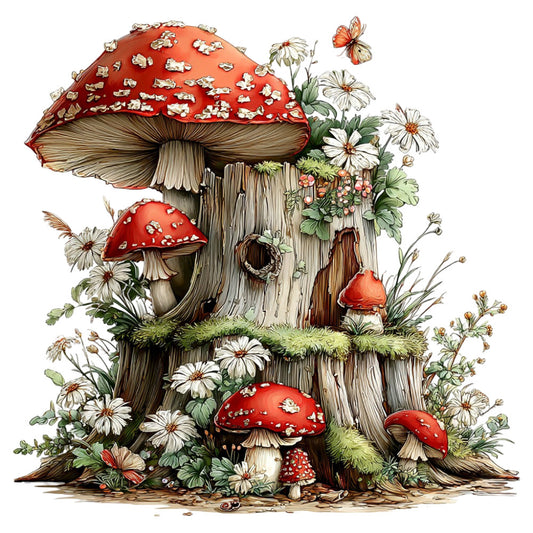 mushroom, toadstool, red and white, woodland, forest, nature, daisies, wildflowers, butterflies, whimsical, storybook, fairy tale, cottage core, rustic, vintage botanical, flowers, insects, pastoral, enchanted forest, garden, spring, summer, cream, natural wood tones, orange-red, illustration style, detailed, children's, decorative, wall hanging